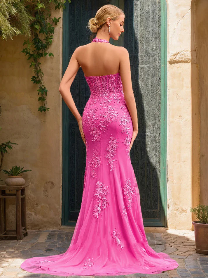Mermaid Halter Sleeveless Split Side Retract Your Waist  Prom Dresses